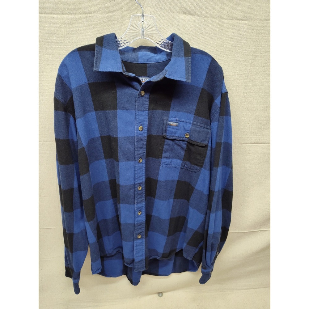 Smith's Workwear Mens‎ XL Blue Black Buffalo Plaid Flannel Button Down Shirt